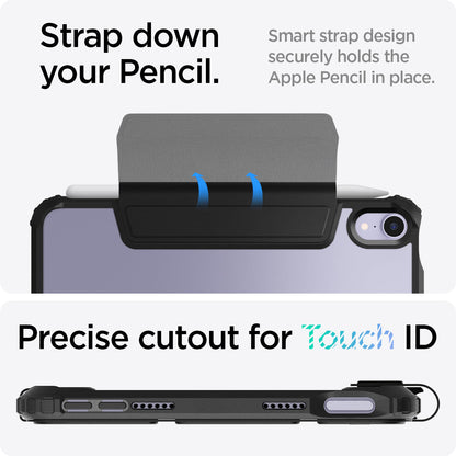 ACS03765 - iPad Mini 6 Case Ultra Hybrid Pro in black showing the strap down your Pencil. Smart strap design securely holds the Apple Pencil in place. Precise cutout for Touch ID