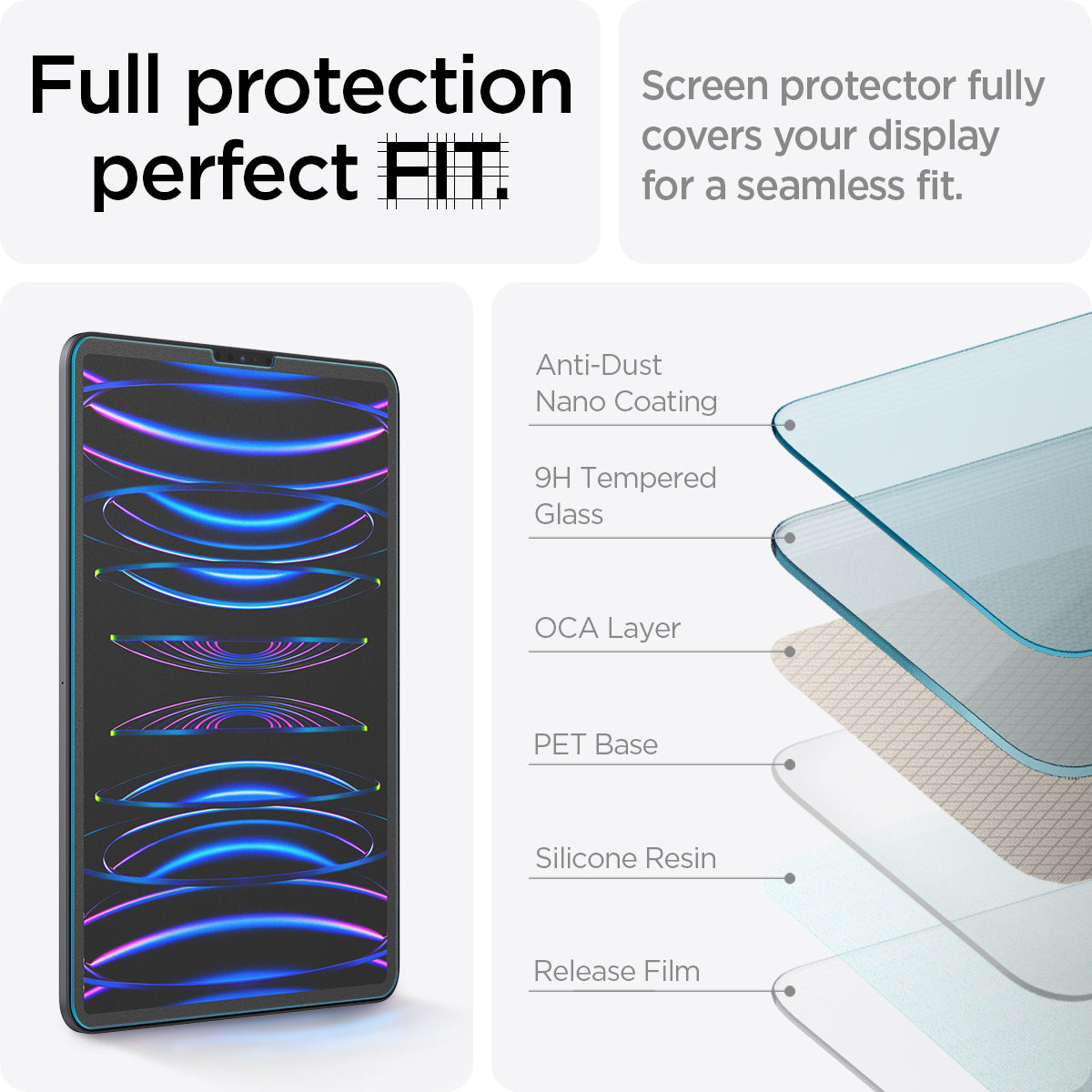 AGL02761 - iPad Pro 11" Screen Protector Paper Touch EZ Fit showing the full protection perfect FIT. Screen protector fully covers your display for a seamless fit with anti-dust nano coating, 9H tempered glass, OCA layer, PET base, silicone resin and release film