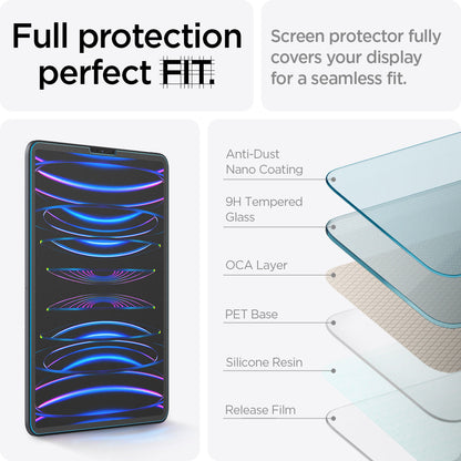 AGL02761 - iPad Pro 11" Screen Protector Paper Touch EZ Fit showing the full protection perfect FIT. Screen protector fully covers your display for a seamless fit with anti-dust nano coating, 9H tempered glass, OCA layer, PET base, silicone resin and release film