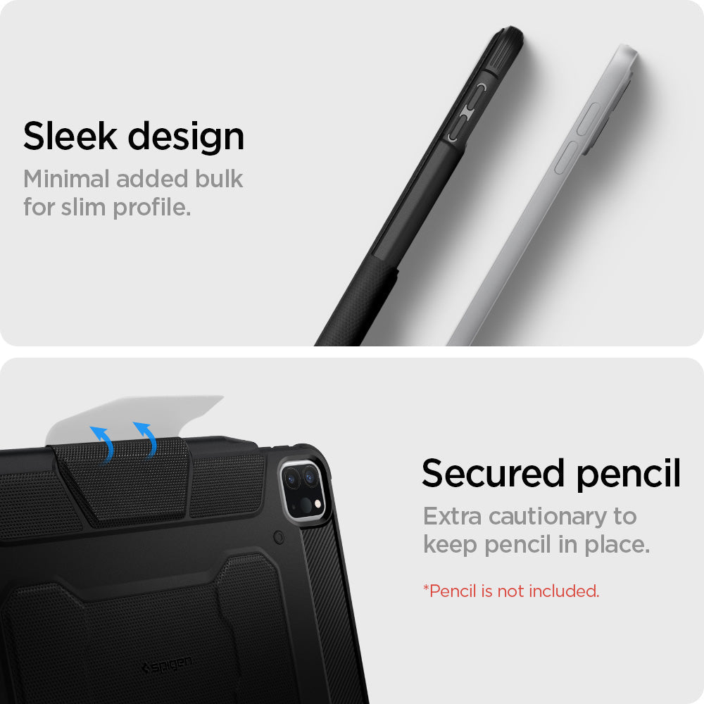 ACS07669 - iPad Air 12.9-inch Case Rugged Armor Pro in Black showing the sleek design. Minimal added bulk for slim profile. Secured pencil. Extra cautionary to keep pencil in place