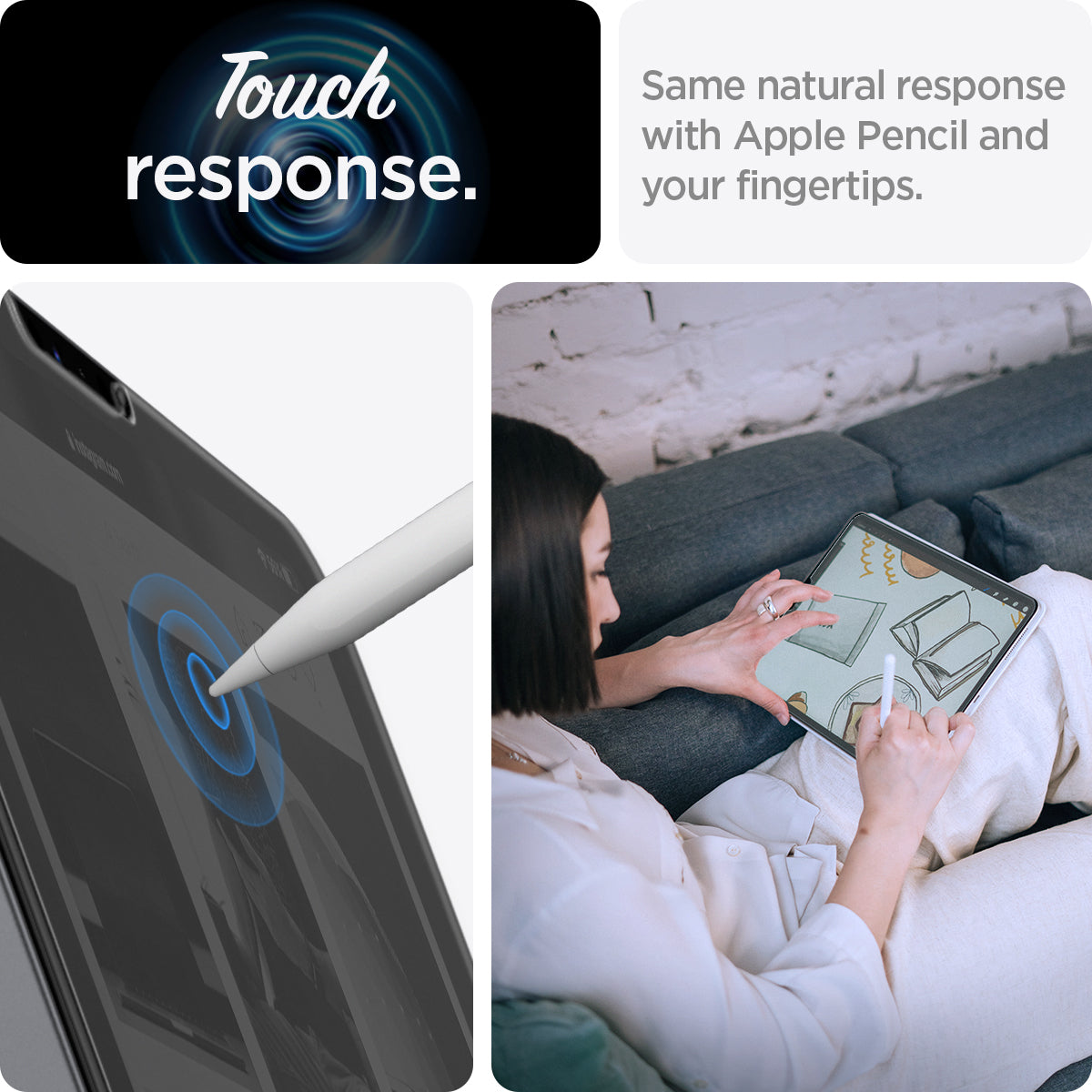 AGL06349 - iPad Pro 12.9" (2022/2021) Screen Protector Paper Touch EZ Fit showing the touch response. Same natural response with Apple Pencil and your fingertips