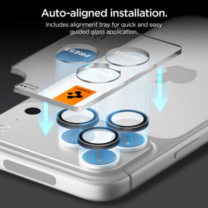 AGL12043 - iPhone 18 Pro Max / iPhone 18 Pro Optik Pro EZ Fit Lens Protector in black showing an alignment tray guiding three lens protectors into position for easy installation.