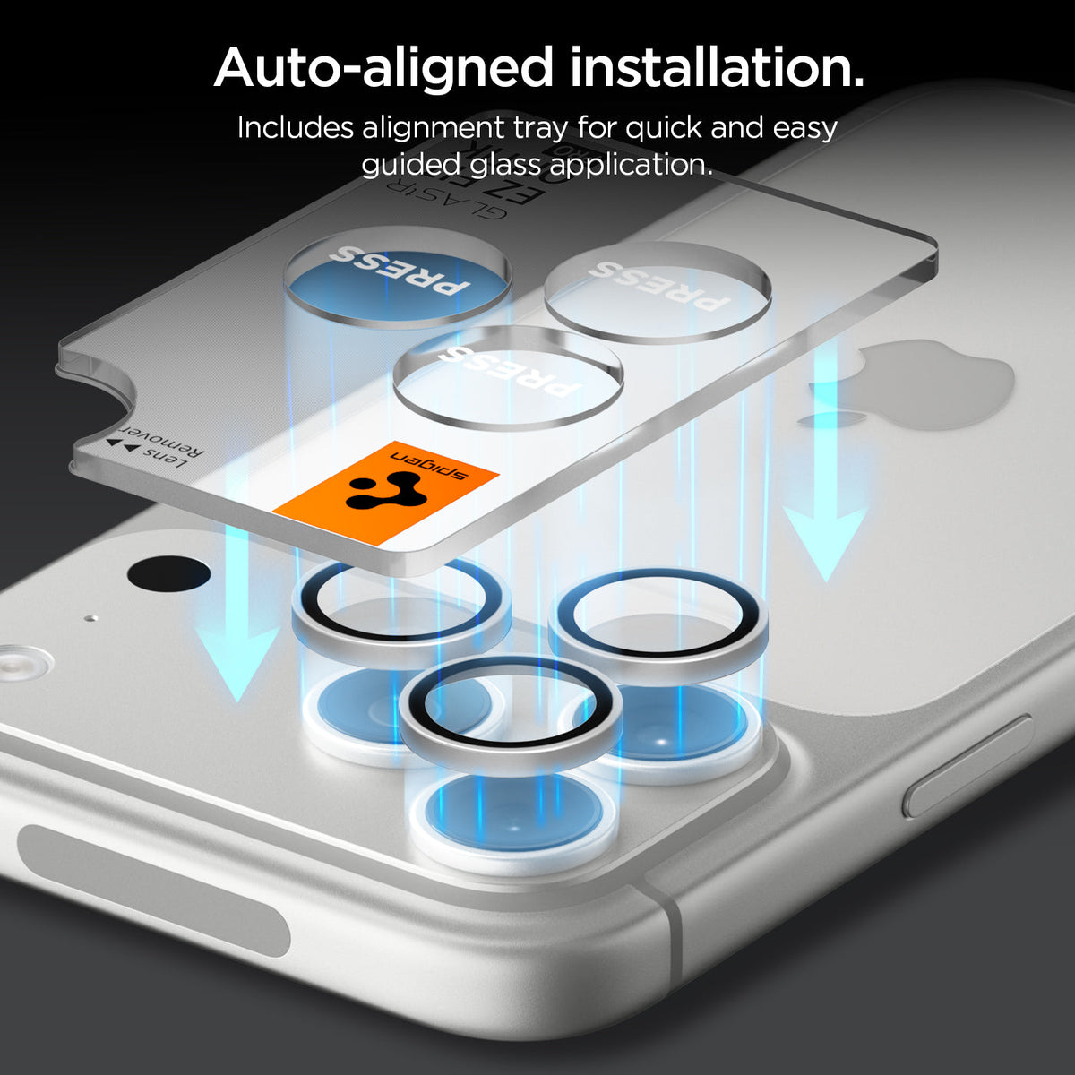 AGL12046 - iPhone 18 Pro Max / iPhone 18 Pro Optik Pro EZ Fit Lens Protector in Silver showing an alignment tray guiding three lens protectors into position for easy installation.