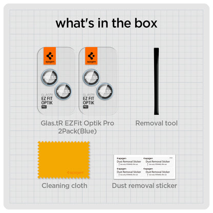 AGL05602 - iPhone 14 / 14 Plus Optik Pro Lens Protector in blue what's in the box. Glas.tR EZFit Optik pro 2 pack, removal tool, cleaning cloth, dust removal sticker.