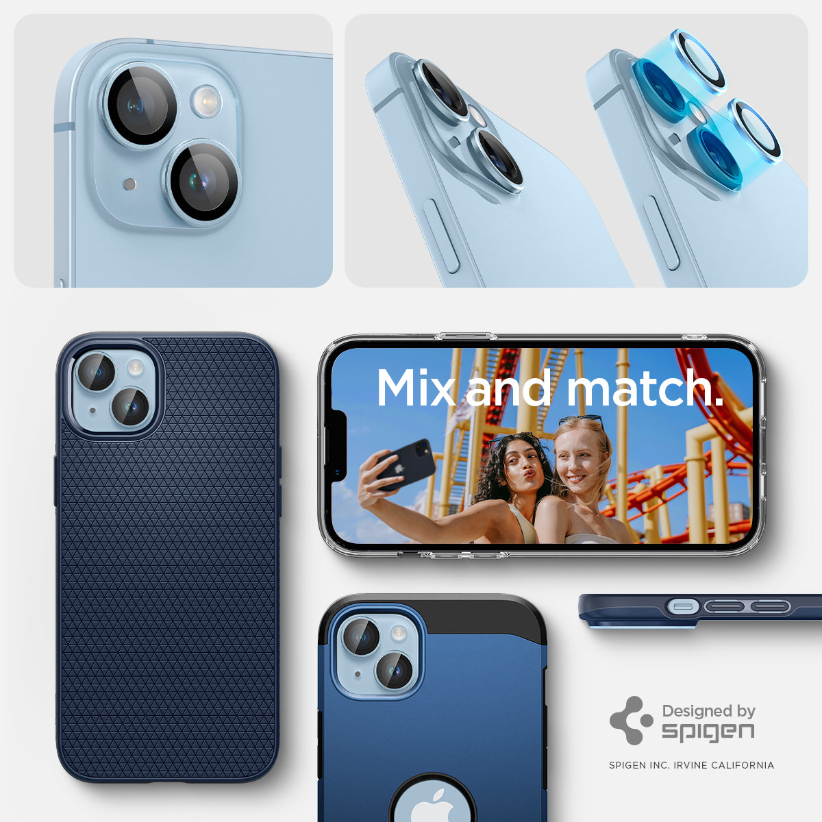AGL05602 - iPhone 14 / 14 Plus Optik Pro Lens Protector in blue showing the mix and match