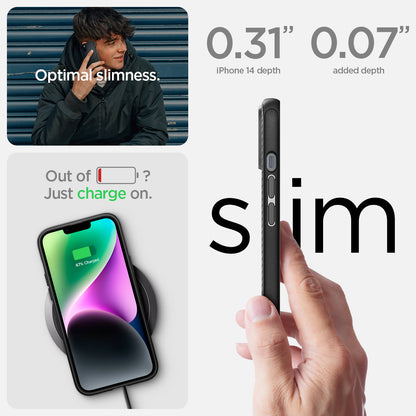 ACS05065 - iPhone 14 Case Mag Armor (MagFit) in matte black showing optimal slimness. Out of battery? Just charge on. Slim