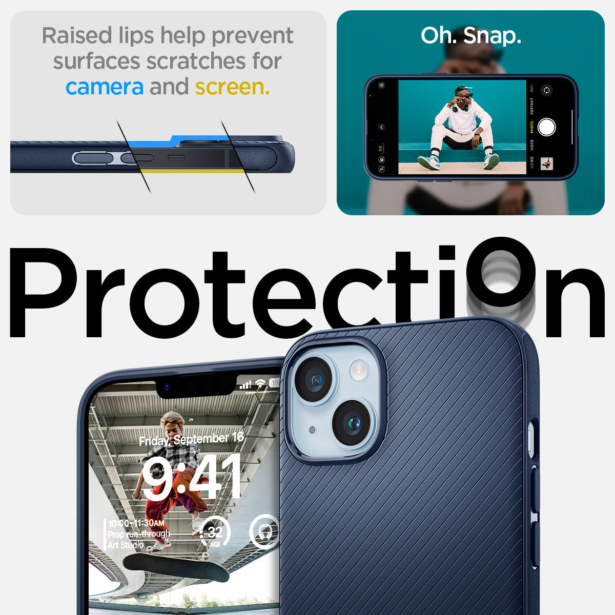 ACS05066 - iPhone 14 Case Mag Armor (MagFit) in navy blue raised lips help prevent surfaces scratches for camera and screen. Oh snap. Protection.