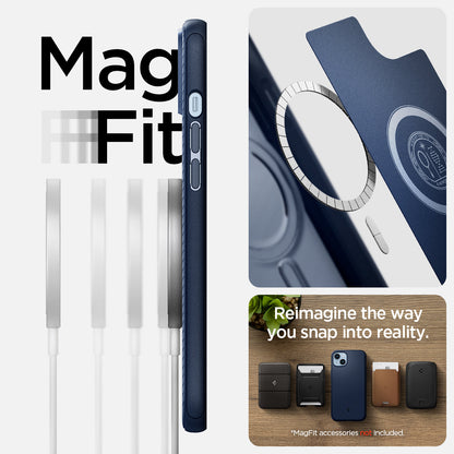 ACS05066 - iPhone 14 Case Mag Armor (MagFit) in navy blue showing magfit. Reimagine the way you snap into reality.