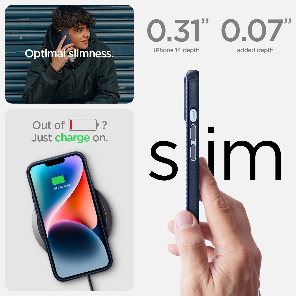 ACS05066 - iPhone 14 Case Mag Armor (MagFit) in navy blue showing optimal slimness. Out of battery? Just charge on. Slim