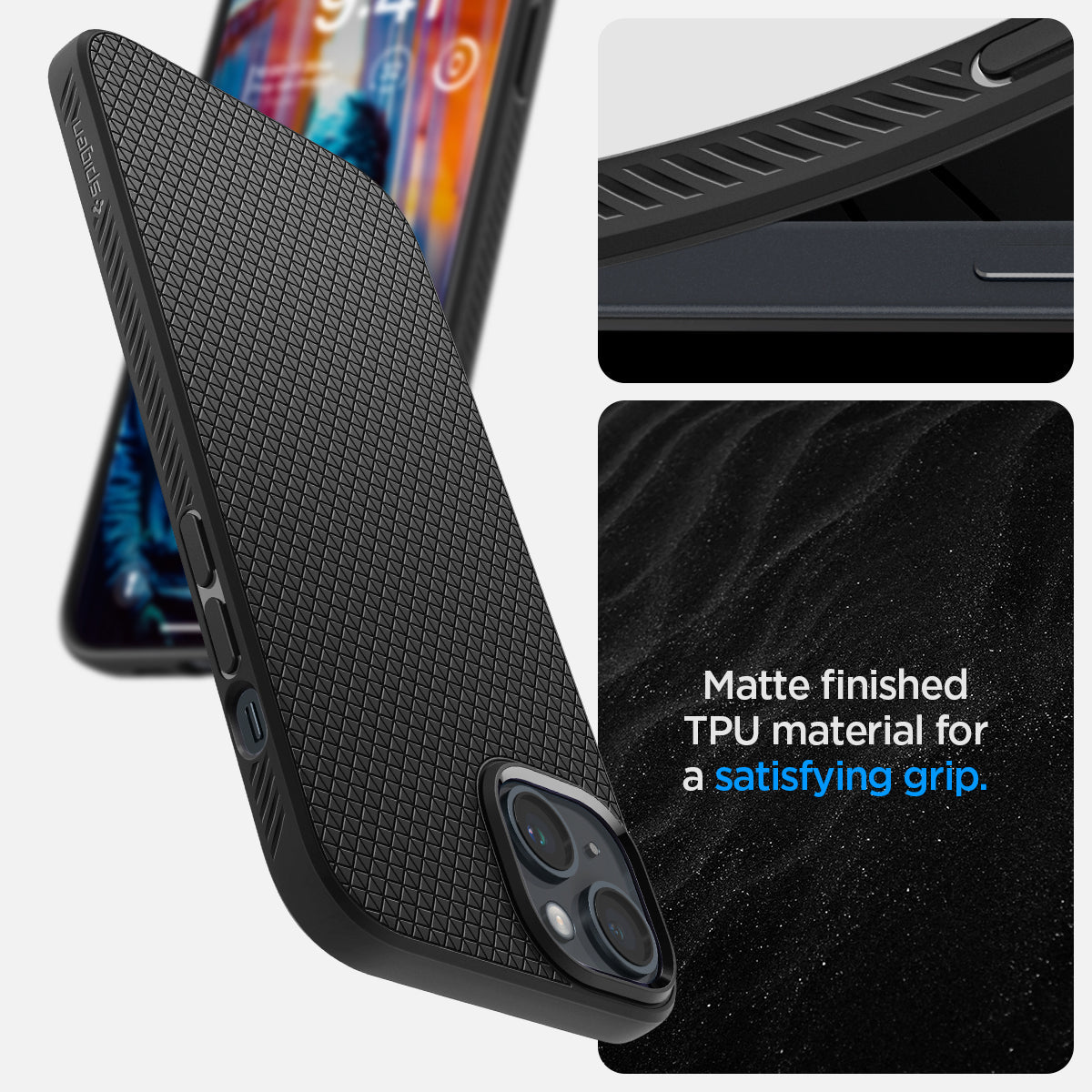 ACS04891 - iPhone 14 Plus Case Liquid Air in matte black showing the matte finished TPU material for a satisfying grip