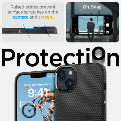 ACS04891 - iPhone 14 Plus Case Liquid Air in matte black showing the raised edges prevent surface scratches on the camera and screen