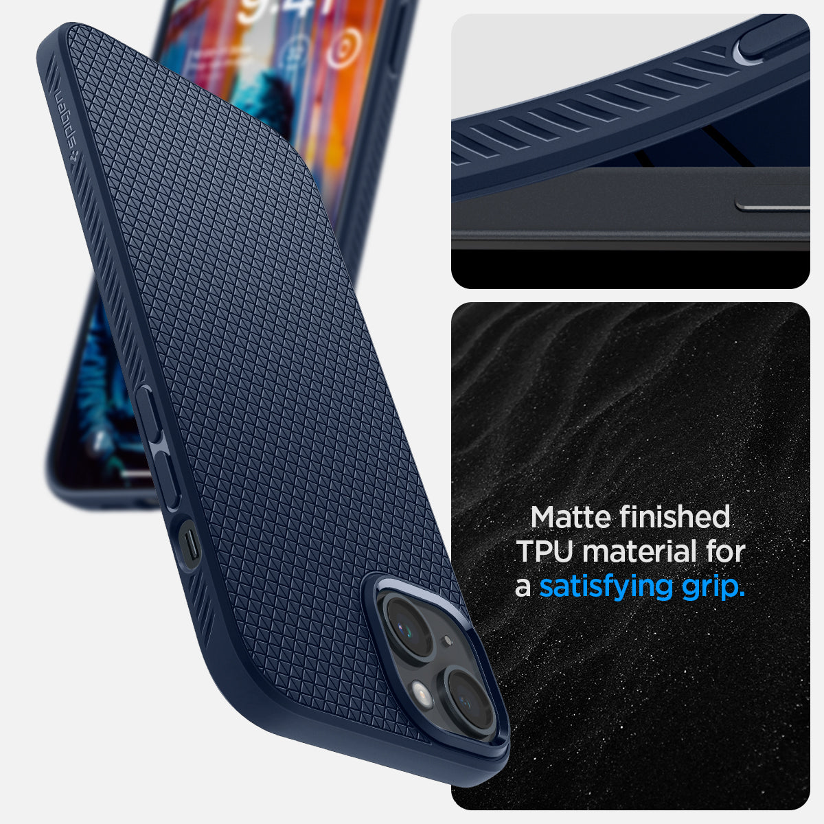 ACS04892 - iPhone 14 Plus Case Liquid Air in navy blue showing the matte finished TPU material for a satisfying grip