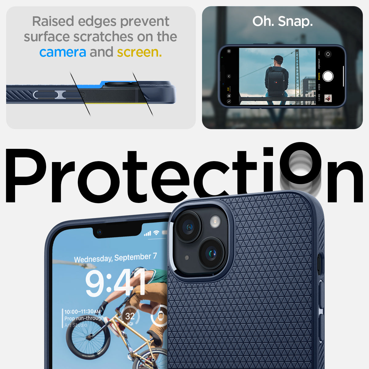 ACS04892 - iPhone 14 Plus Case Liquid Air in navy blue showing the raised edges prevent surface scratches on the camera and screen