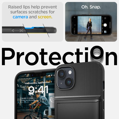 ACS04911 - iPhone 14 Plus Case Slim Armor CS in black showing the back showing protection Oh, snap. Raised lips help prevent surfaces scratches for camera and screen.