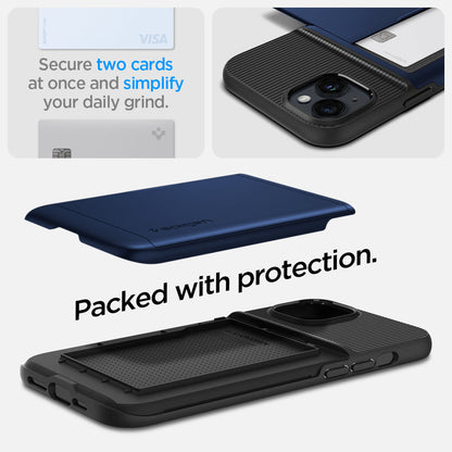 ACS04913 - iPhone 14 Plus Case Slim Armor CS in navy blue showing the back showing secure two cards at once and simplify your daily grind. Packed with protection.
