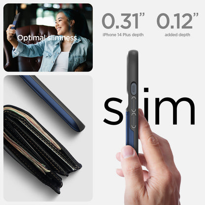 ACS04913 - iPhone 14 Plus Case Slim Armor CS in navy blue showing optimal slimness. 0.31" iPhone 14 plus depth, 0.12" added depth. slim.