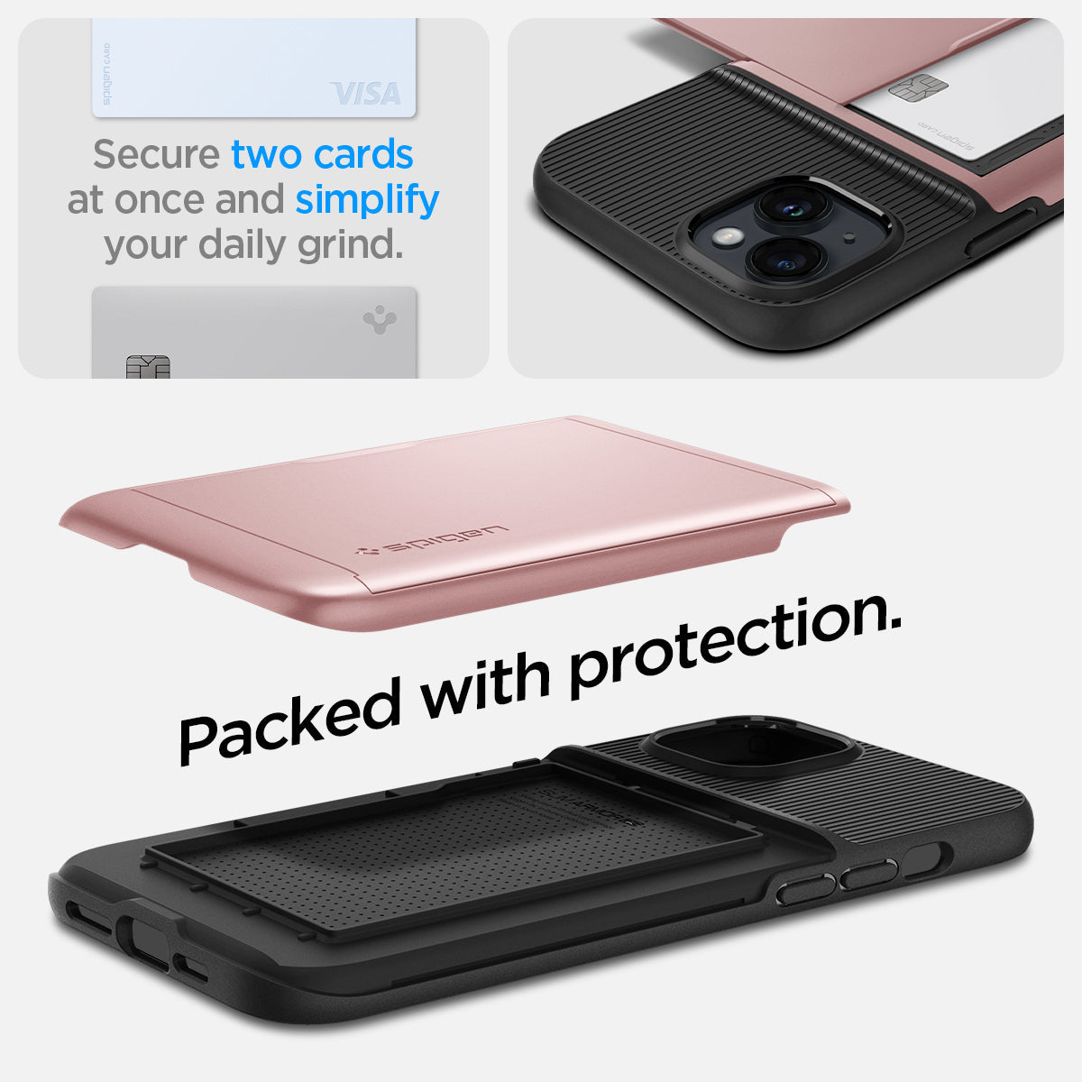 ACS04912 - iPhone 14 Plus Case Slim Armor CS in rose gold showing the back showing secure two cards at once and simplify your daily grind. Packed with protection.
