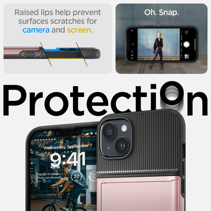 ACS04912 - iPhone 14 Plus Case Slim Armor CS in rose gold showing protection Oh, snap. Raised lips help prevent surfaces scratches for camera and screen.