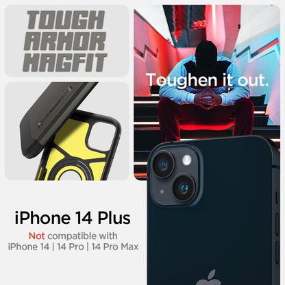 ACS04914 - iPhone 14 Plus Case Tough Armor (MagFit) in gunmetal showing tough armor magfit. toughen it out. iPhone 14 plus. Not compatible with iPhone 14, 14 pro, 14 pro max.