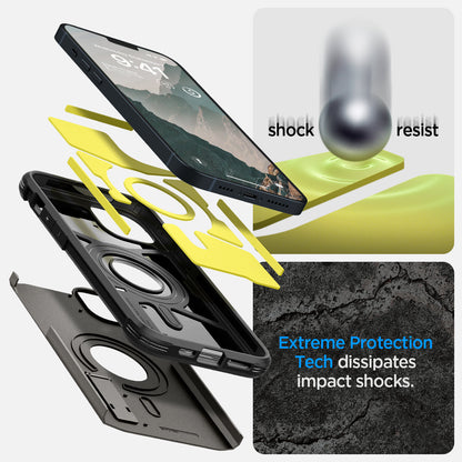 ACS04914 - iPhone 14 Plus Case Tough Armor (MagFit) in gunmetal showing shock resist. Extreme protection tech dissipates impact shocks.