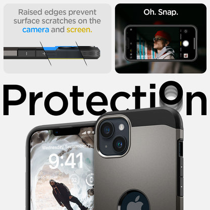ACS04914 - iPhone 14 Plus Case Tough Armor (MagFit) in gunmetal showing raised edges prevent surface scratches on the camera and screen. Protection.