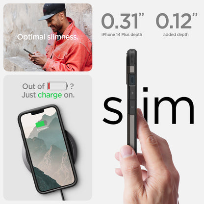 ACS04914 - iPhone 14 Plus Case Tough Armor (MagFit) in gunmetal optimal slimness. Out of battery? Just charge on. 0.31" iPhone 14 plus depth. 0.12" added depth.