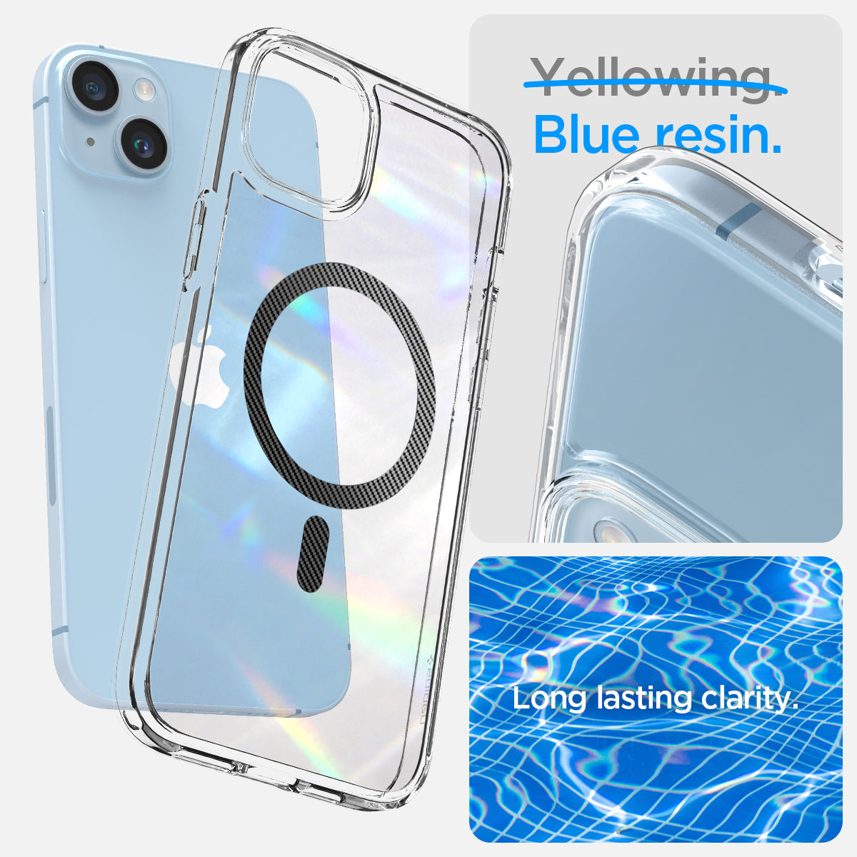 ACS04904 - iPhone 14 Plus Case Ultra Hybrid (MagFit) in carbon fiber showing blue resin. Long lasting clarity.