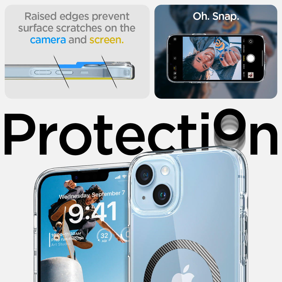 ACS04904 - iPhone 14 Plus Case Ultra Hybrid (MagFit) in carbon fiber showing raised edges prevent surface scratches on the camera and screen. protection