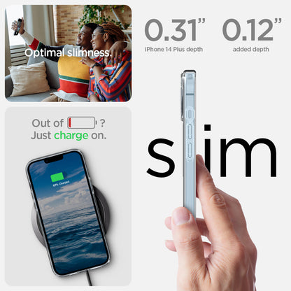 ACS04904 - iPhone 14 Plus Case Ultra Hybrid (MagFit) in carbon fiber showing optimal slimness. Out of battery? Just charge on. Slim
