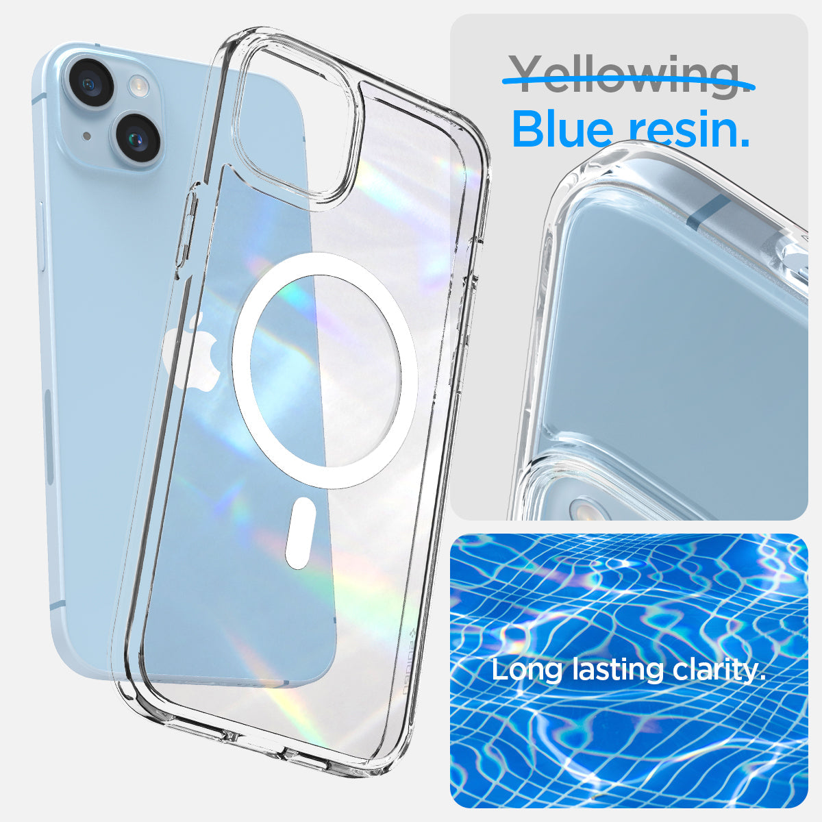 ACS04902 - iPhone 14 Plus Case Ultra Hybrid (MagFit) in white showing blue resin. Long lasting clarity.
