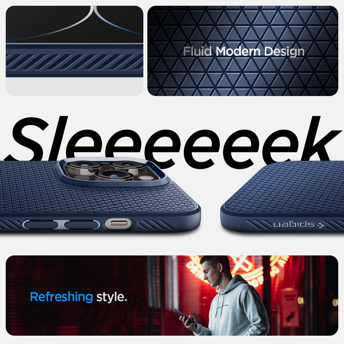 ACS04958 - iPhone 14 Pro Case Liquid Air in navy blue showing the fluid modern design. Sleek with refreshing style
