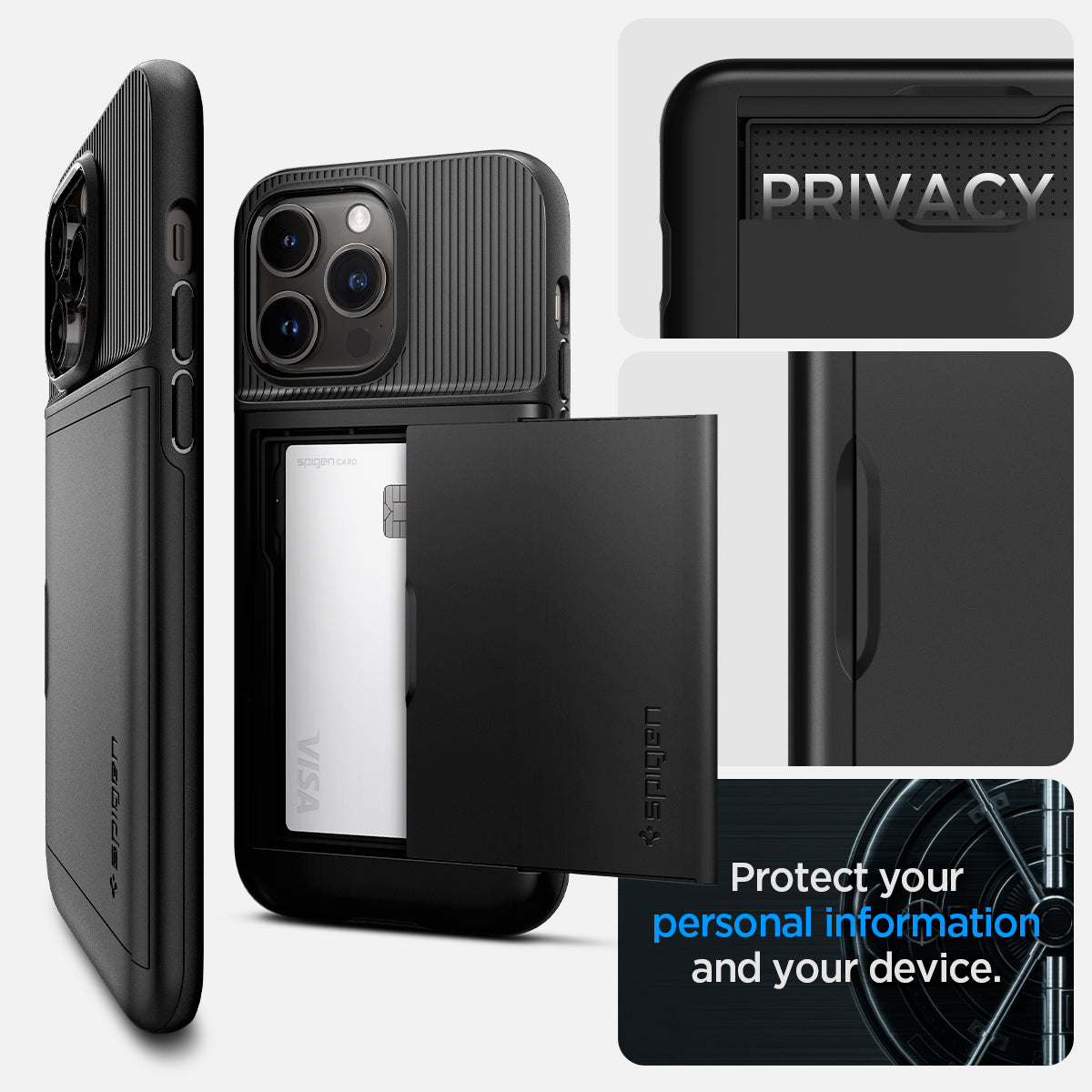 ACS04835 - iPhone 14 Pro Max Case Slim Armor CS in black showing privacy. protect your personal information and your device.