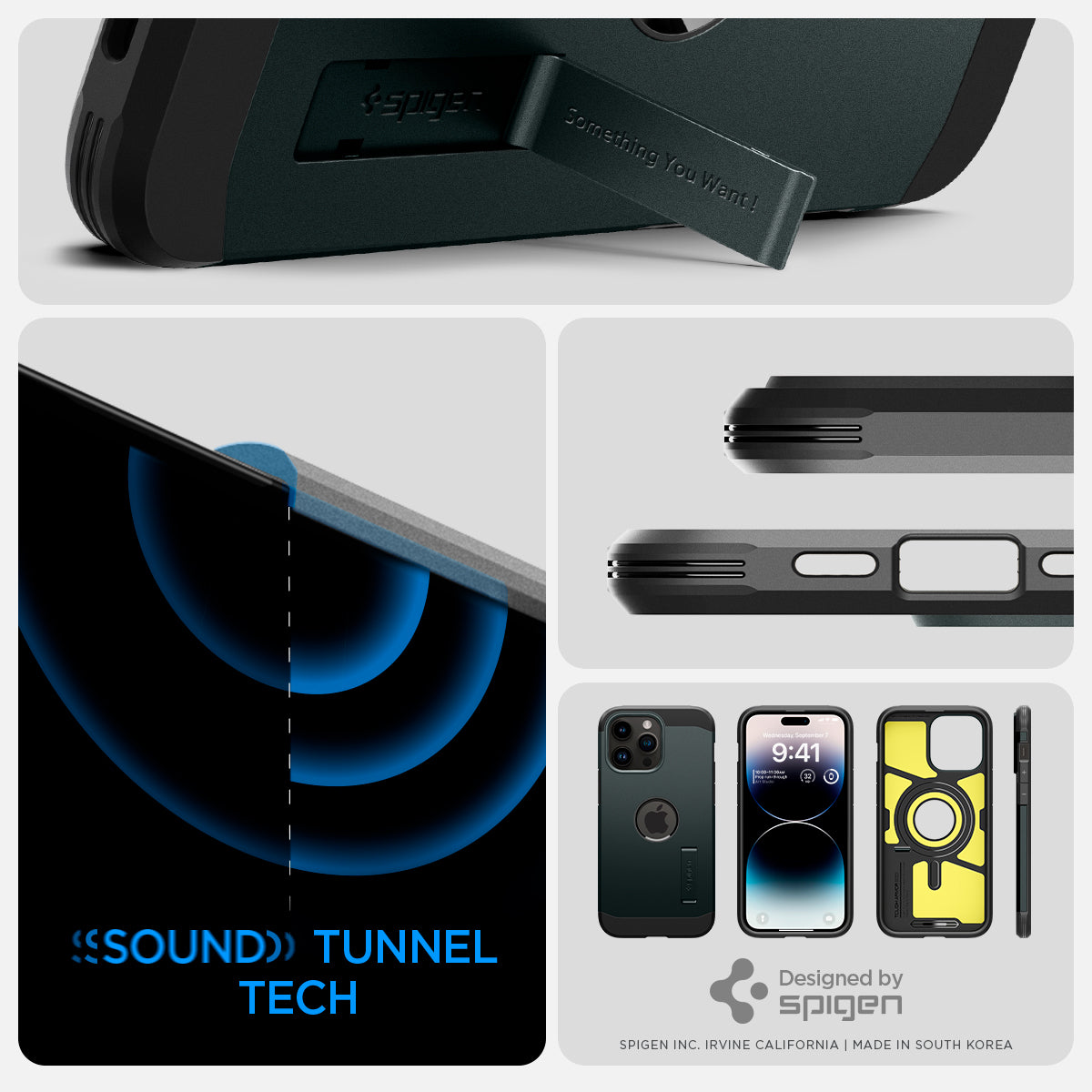 ACS04843 - iPhone 14 Pro Max Case Tough Armor (MagFit) in abyss green sound tunnel tech. Designed by spigen.