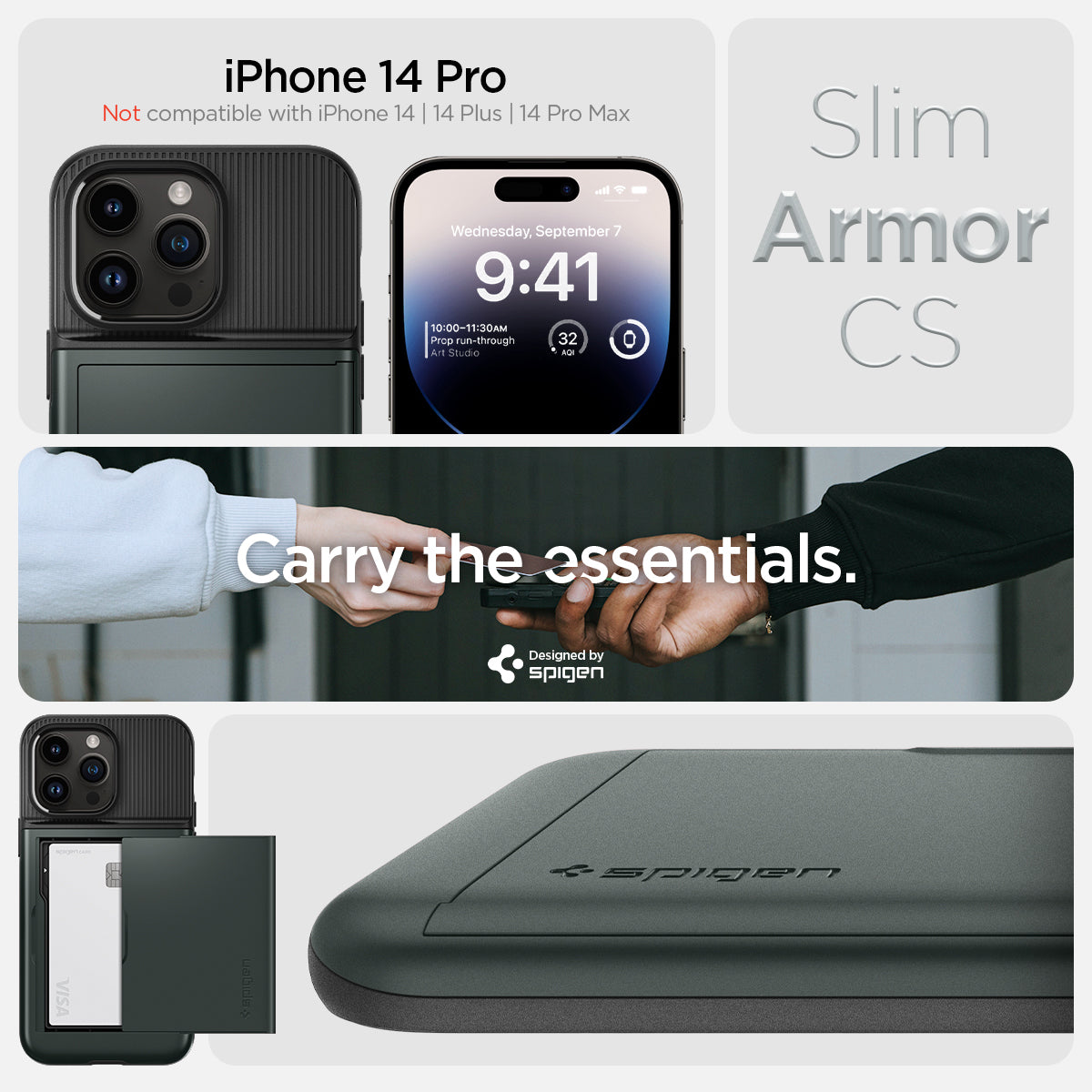 ACS04983 - iPhone 14 Pro Case Slim Armor CS in abyss green iPhone 14 pro max Not compatible with iPhone 14, 14plus, 14 pro. Slim armor cs. Carry the essentials. Designed by spigen.