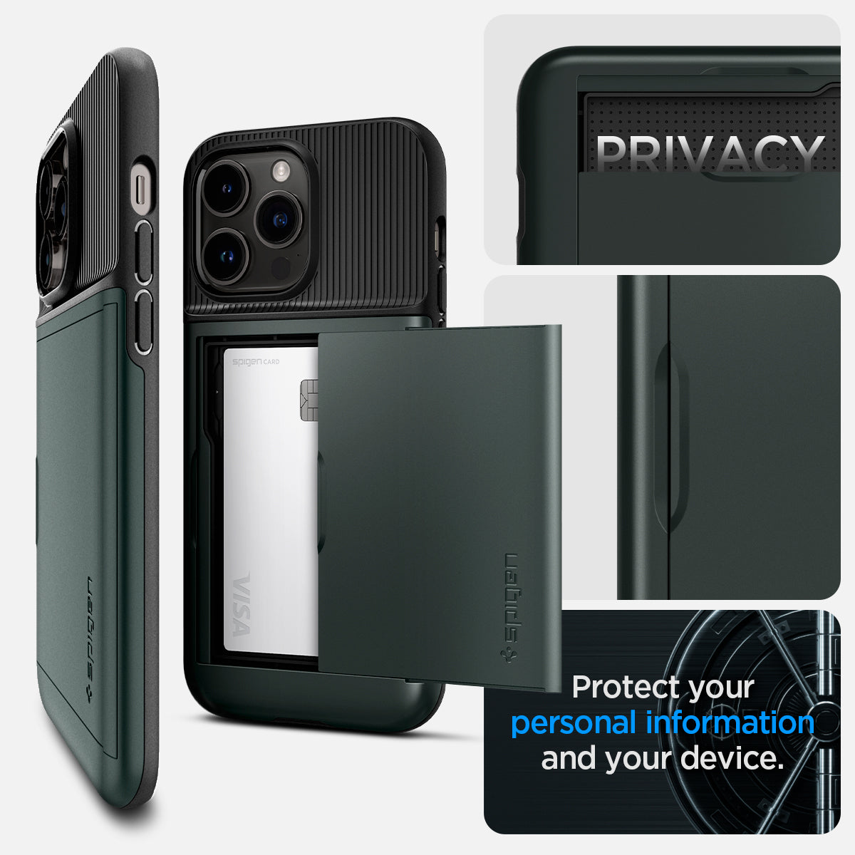 ACS04983 - iPhone 14 Pro Case Slim Armor CS in abyss green showing privacy. protect your personal information and your device.