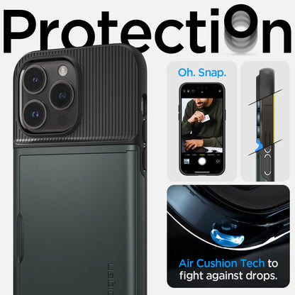 ACS04983 - iPhone 14 Pro Case Slim Armor CS in abyss green showing protection Oh, snap. Air cushion tech to fight against drops.