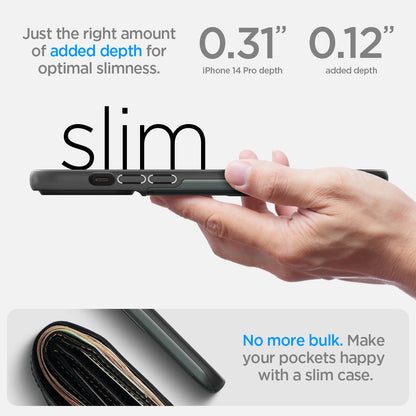 ACS04983 - iPhone 14 Pro Case Slim Armor CS in abyss green showing just the right amount of added depth for optimal slimness. 0.31" iPhone 14 po max depth. 0.12" added depth. slim. No more bulk. make your pockets happy with a slim case.
