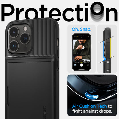 ACS04980 - iPhone 14 Pro Case Slim Armor CS in black showing protection Oh, snap. Air cushion tech to fight against drops.