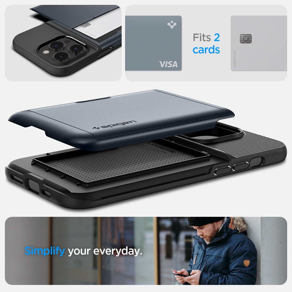 ACS04982 - iPhone 14 Pro Case Slim Armor CS in metal slate showing simplify your everyday. fits 2 cards.