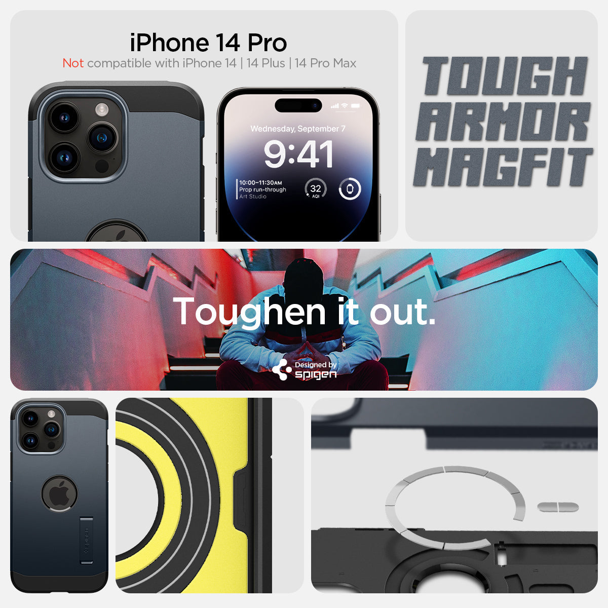 ACS04987 - iPhone 14 Pro Case Tough Armor (MagFit) in metal slate iPhone 14 pro. Not compatible with iPhone 13, 14plus, 14 pro max. Tough armor magfit. toughen it out.