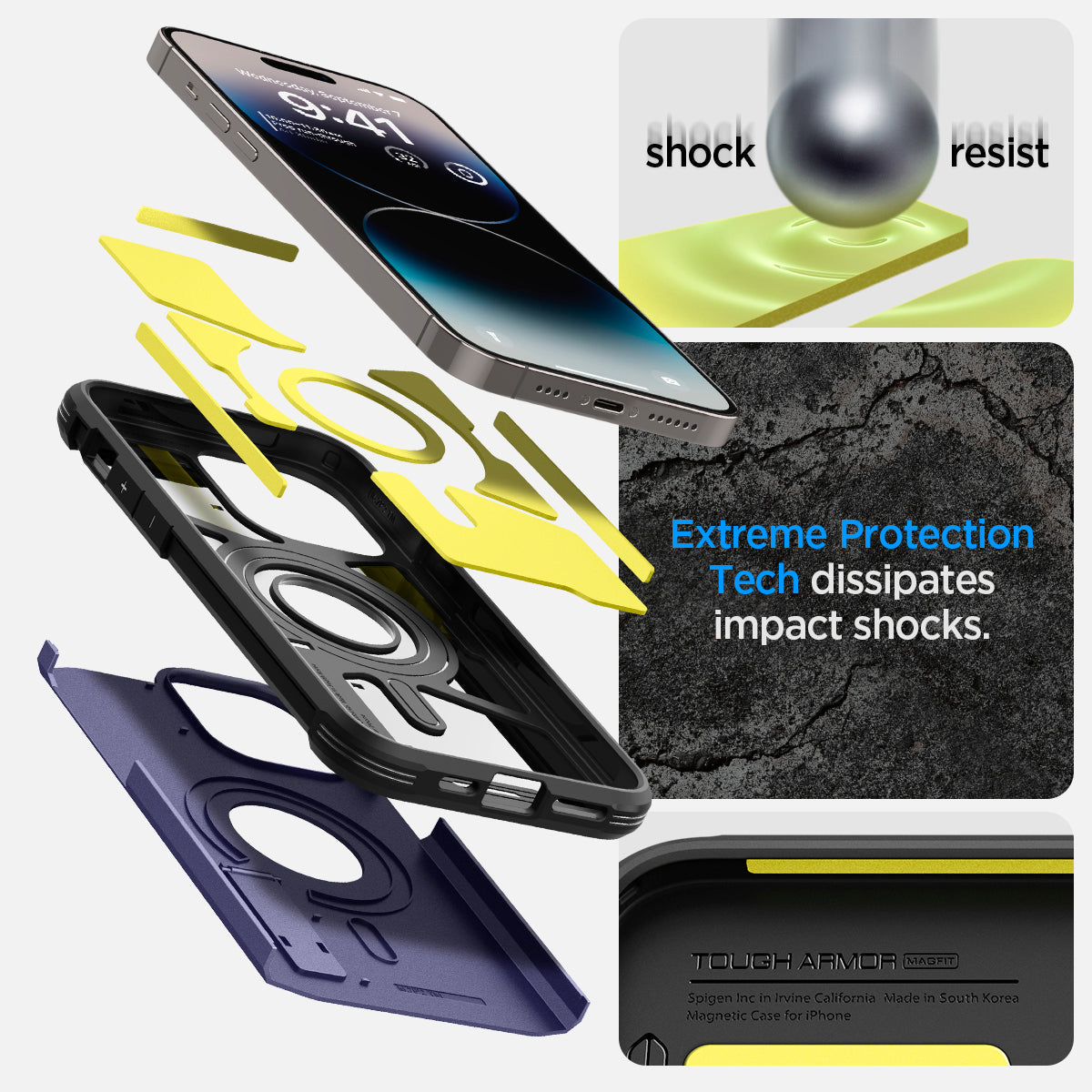 ACS05579 - iPhone 14 Pro Case Tough Armor (MagFit) in deep purple showing shock resist. Extreme protection tech dissipates impact shocks.