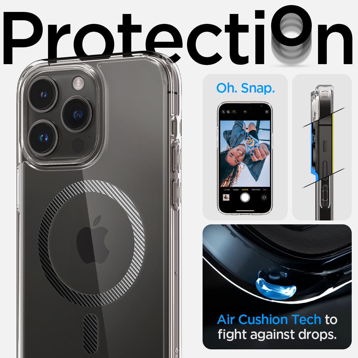 ACS04971 - iPhone 14 Pro Case Ultra Hybrid (MagFit) in carbon fiber showing protection. oh snap. Air cushion tech to fight against drops.
