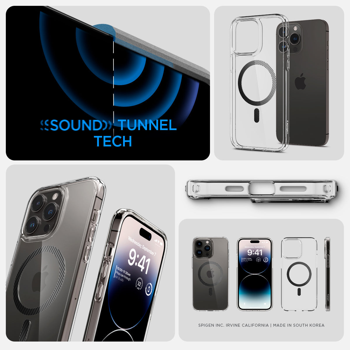ACS04971 - iPhone 14 Pro Case Ultra Hybrid (MagFit) in carbon fiber showing sound tunnel tech.