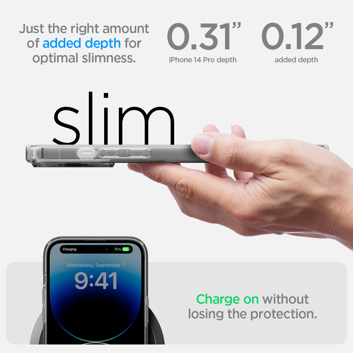 ACS05586 - iPhone 14 Pro Case Ultra Hybrid (MagFit) in frost black showing just right amount of added depth for optimal slimness. charge on without losing the protection.