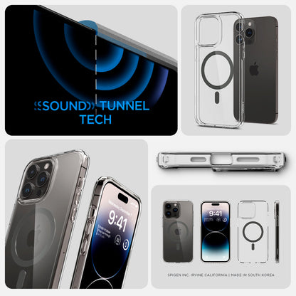 ACS04970 - iPhone 14 Pro Case Ultra Hybrid (MagFit) in graphite showing sound tunnel tech.