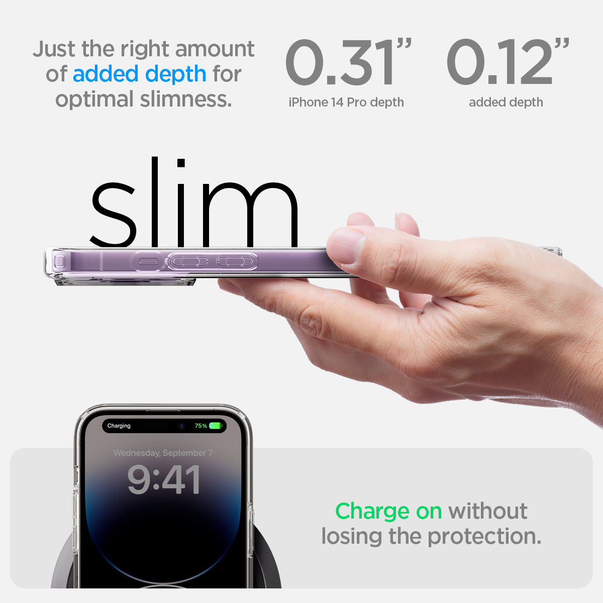 ACS05585 - iPhone 14 Pro Case Ultra Hybrid (MagFit) in deep purple showing just right amount of added depth for optimal slimness. charge on without losing the protection.
