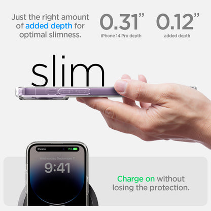 ACS05585 - iPhone 14 Pro Case Ultra Hybrid (MagFit) in deep purple showing just right amount of added depth for optimal slimness. charge on without losing the protection.