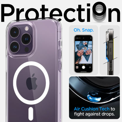 ACS04969 - iPhone 14 Pro Case Ultra Hybrid (MagFit) in white showing protection. oh snap. Air cushion tech to fight against drops.