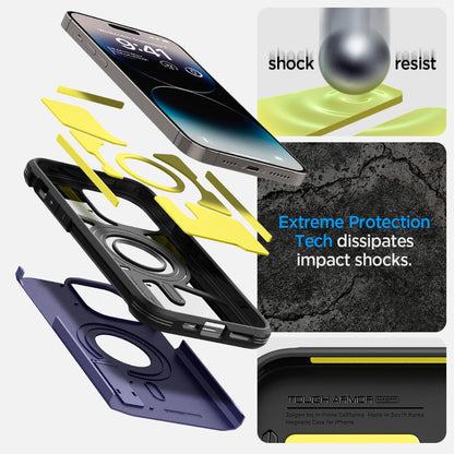 ACS05576 - iPhone 14 Pro Max Case Tough Armor (MagFit) in deep purple showing shock resist. Extreme protection tech dissipates impact shocks.