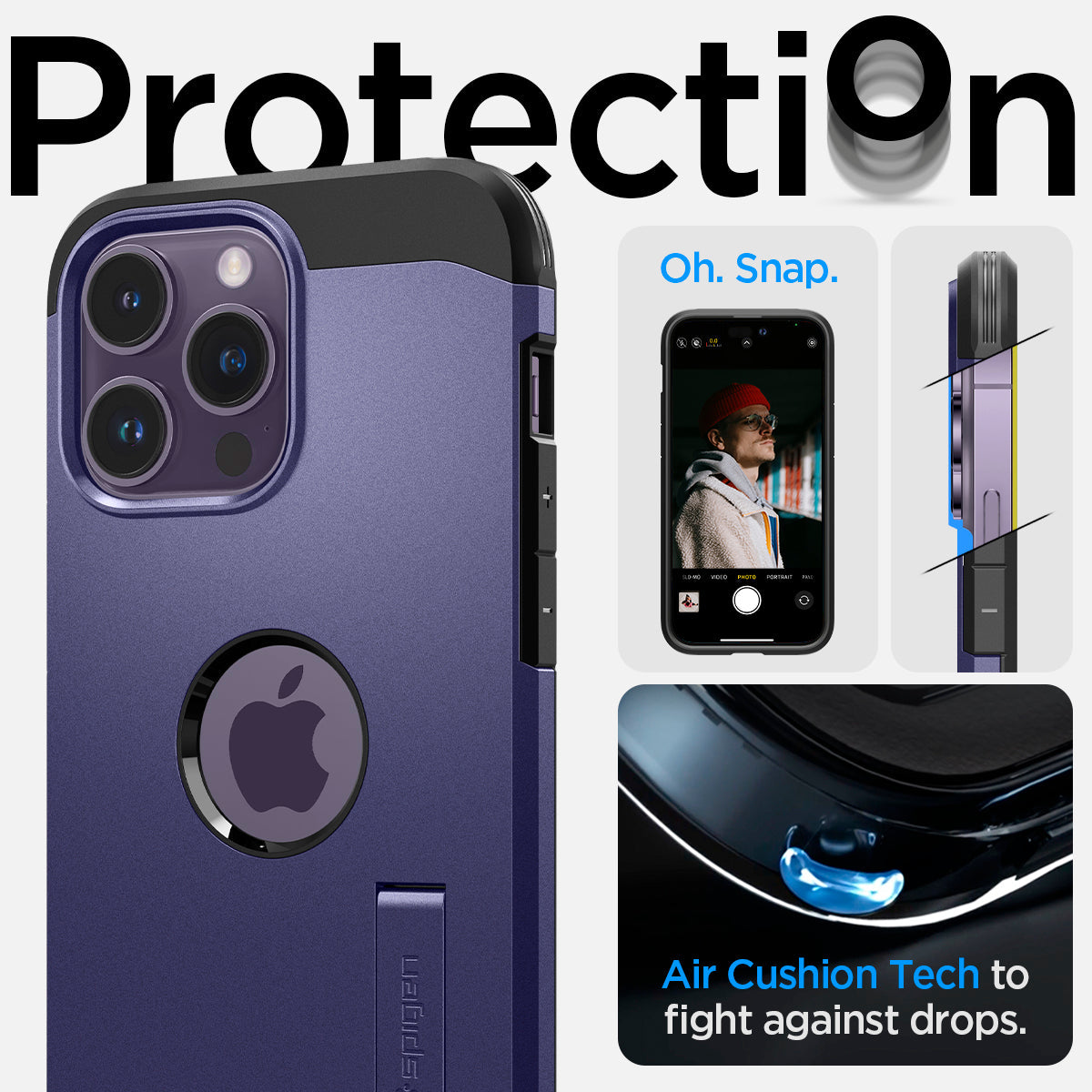 ACS05576 - iPhone 14 Pro Max Case Tough Armor (MagFit) in deep purple showing protection. Oh, snap. Air cushion tech to fight against drops.